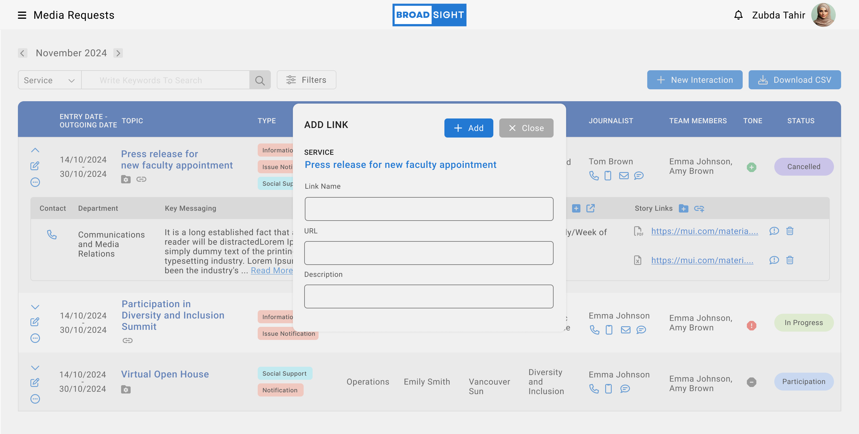 Broadsight add-link modal over an expanded media request