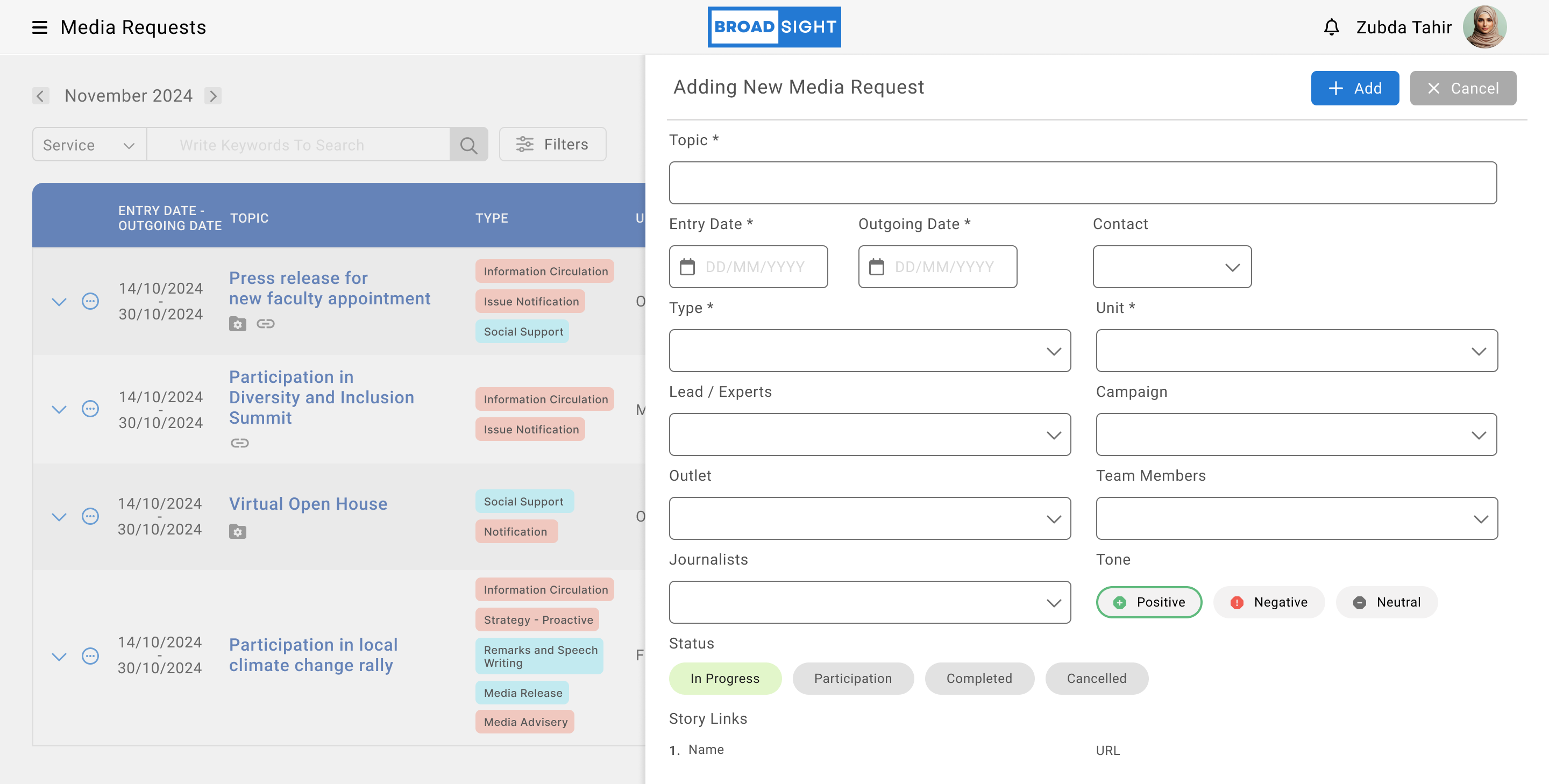 Broadsight add-media-request side panel with topic, dates, people, tone, and status