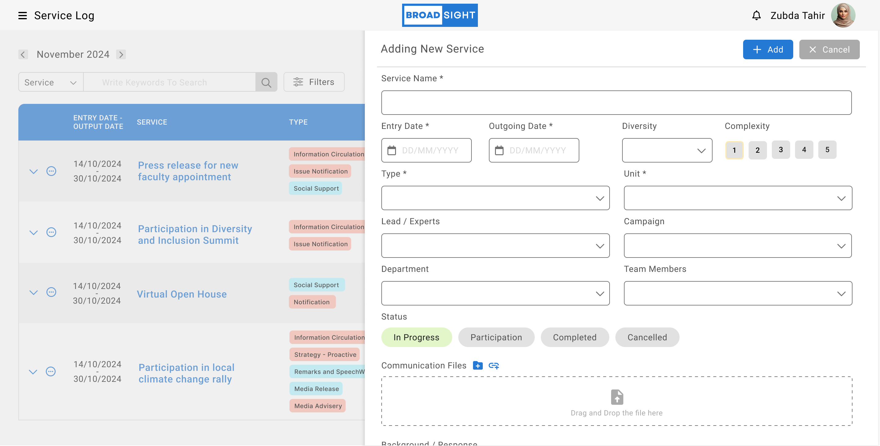Broadsight add-service side panel with structured fields and file upload