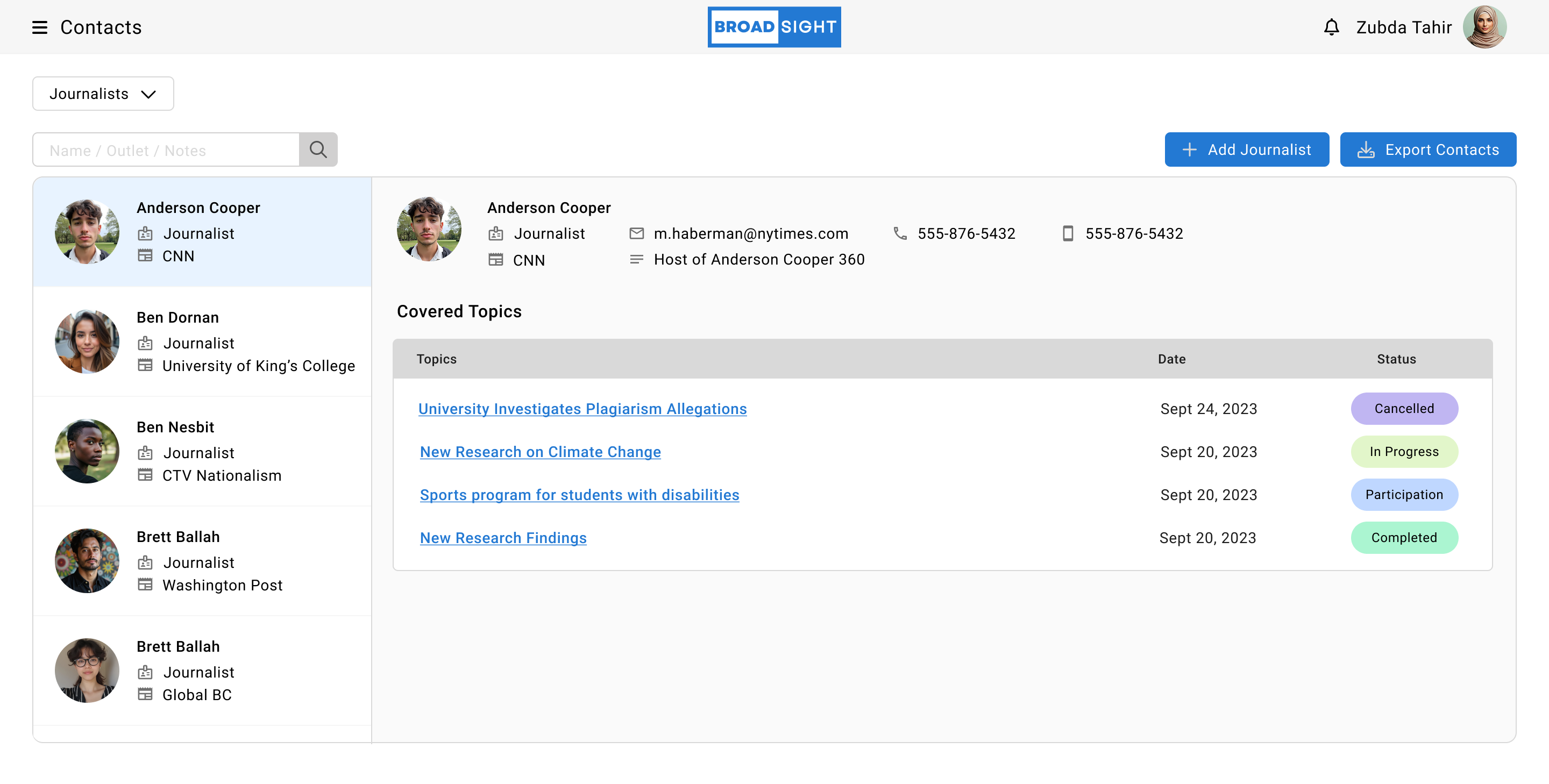Broadsight journalist contact profile with contact details and covered topics