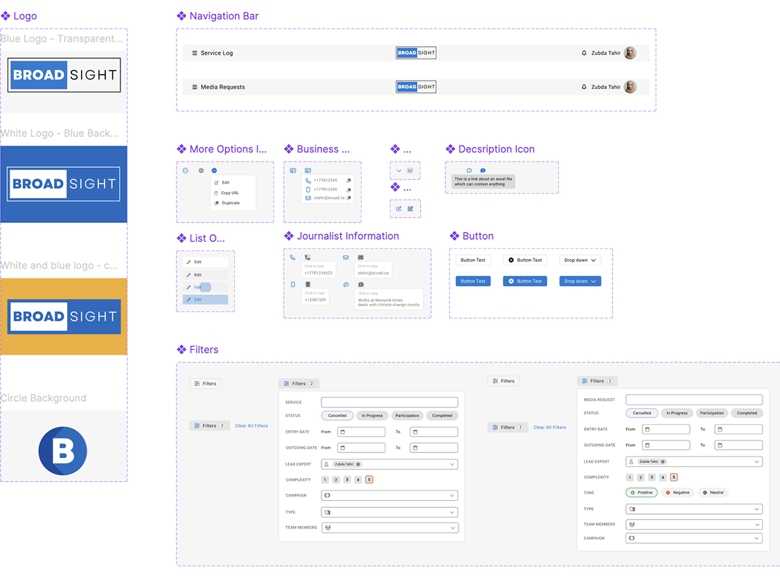 Broadsight design system with buttons, controls, type labels, status colors, and table components