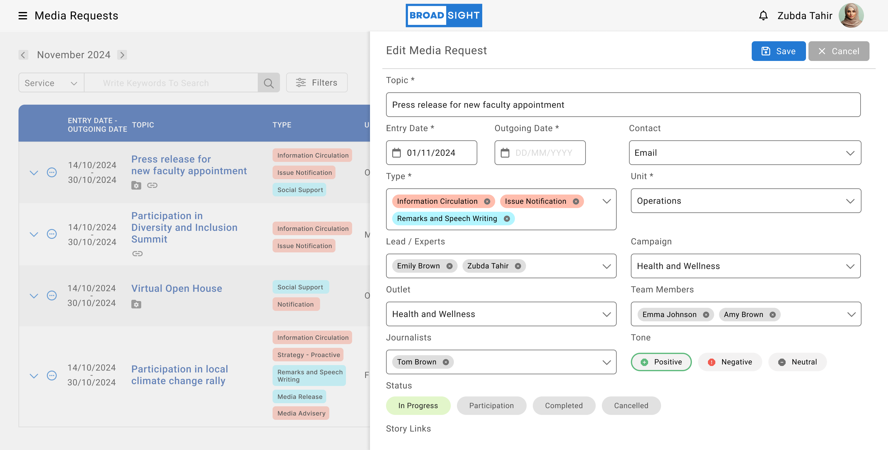 Broadsight edit-media-request side panel with people, campaign, tone, and status fields