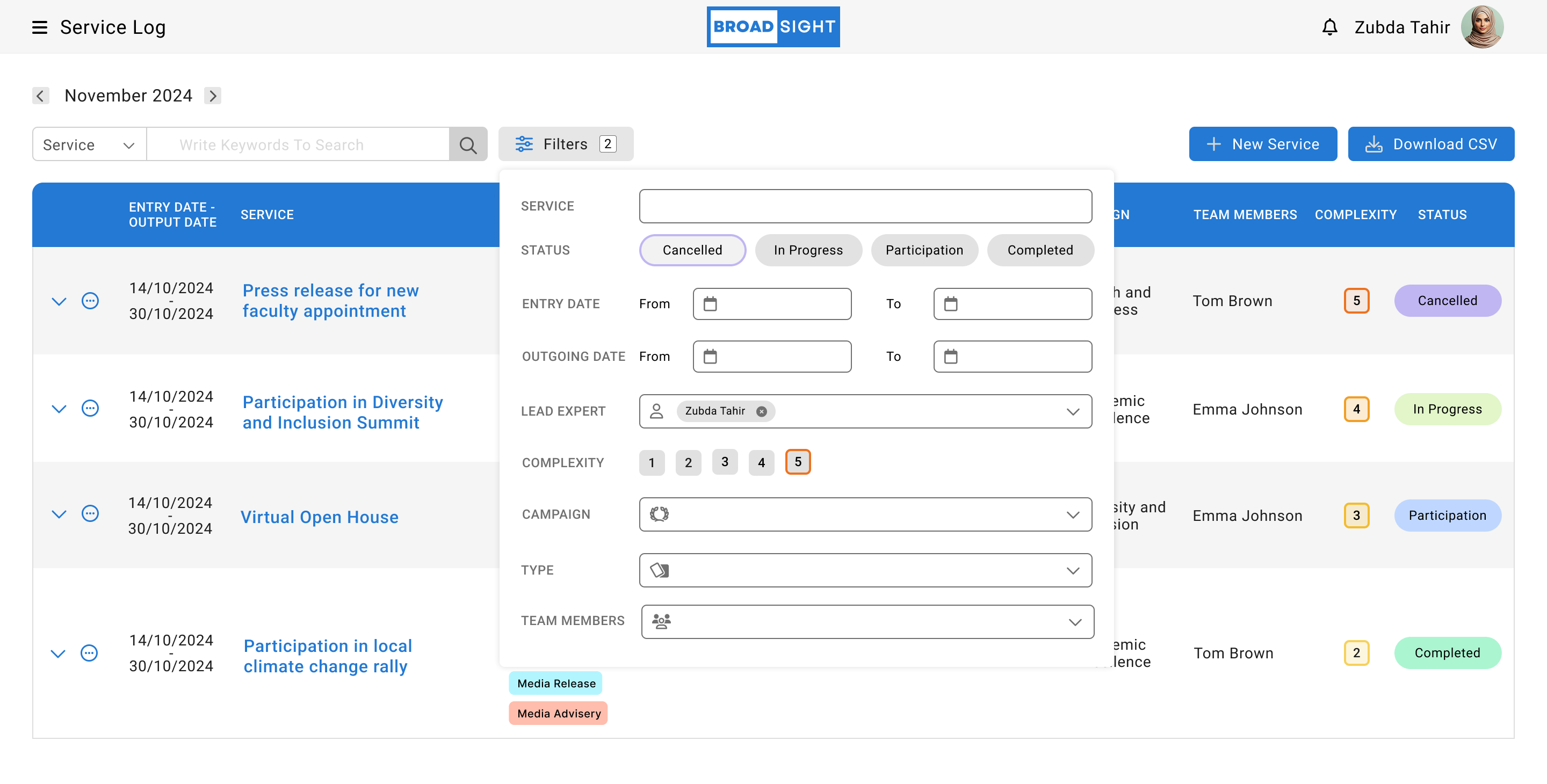 Broadsight advanced filter panel over the service log