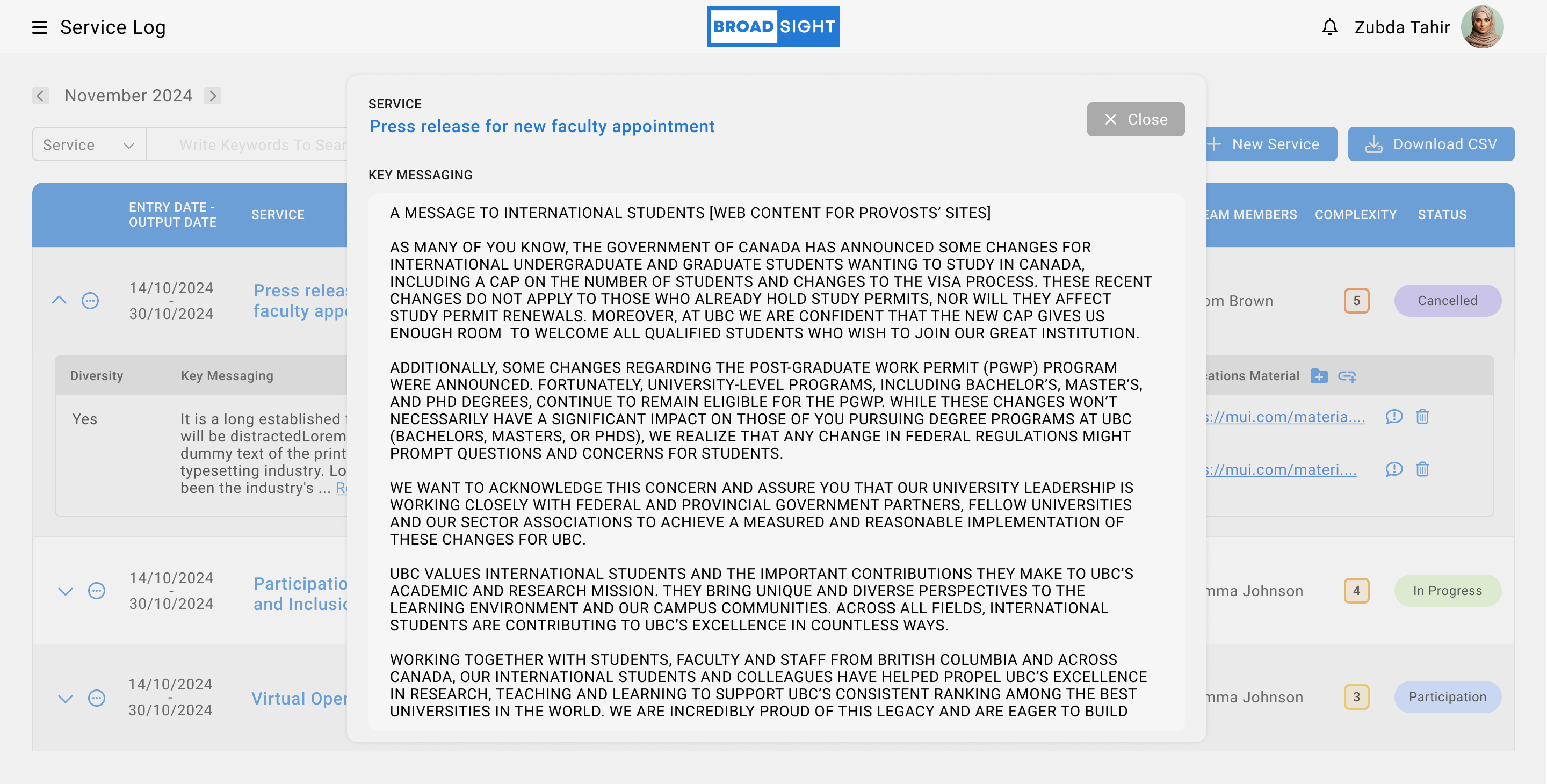 Broadsight modal showing a long key message over the service log