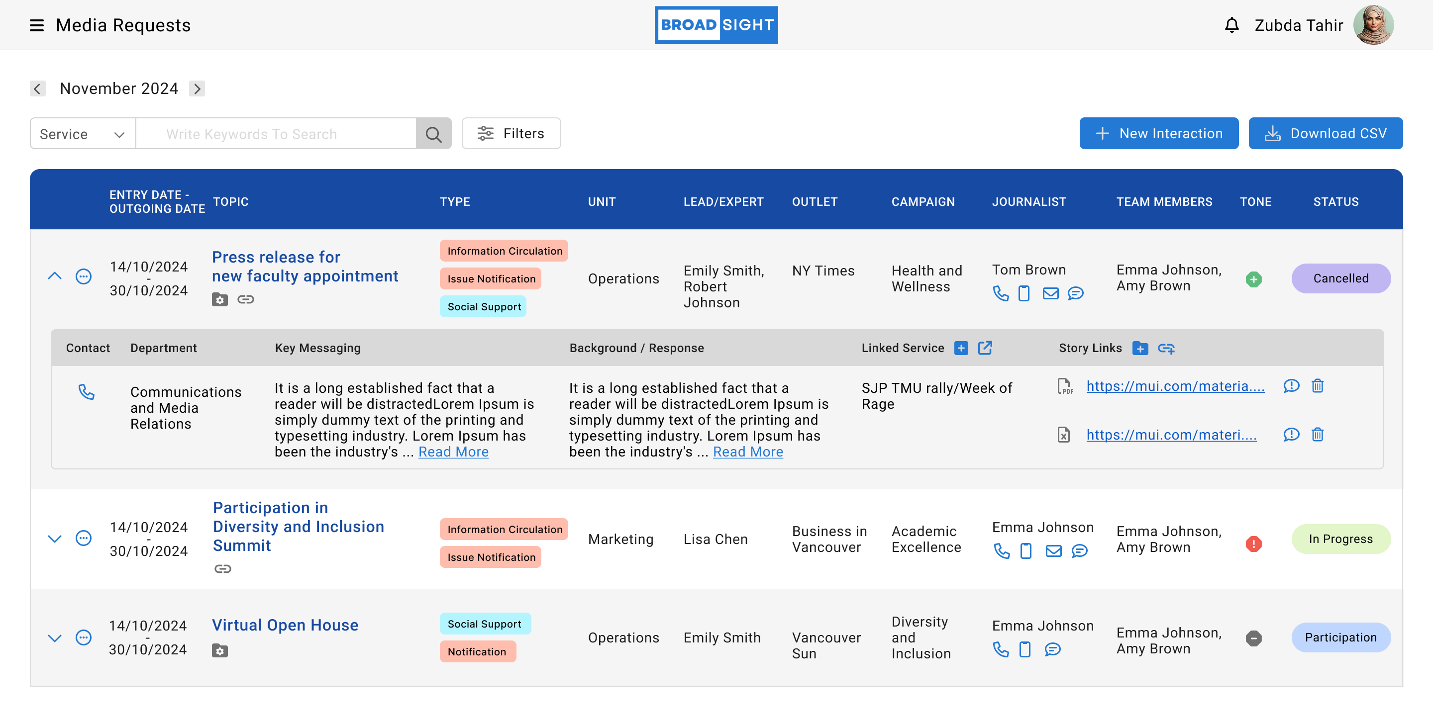 Expanded media request showing contact, department, key messaging, linked service, and story links