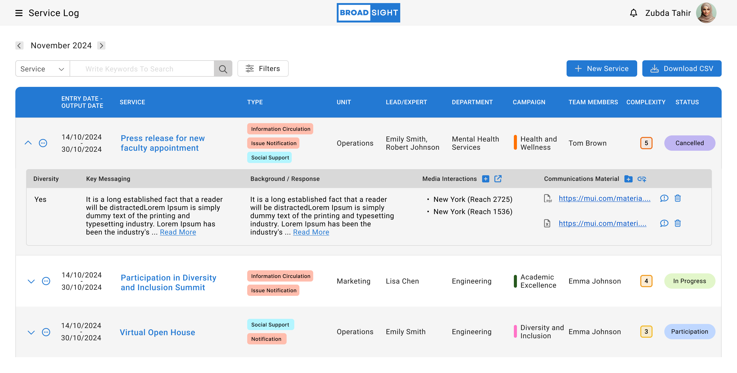 Expanded Broadsight service row revealing diversity, key messaging, background, media interactions, and files