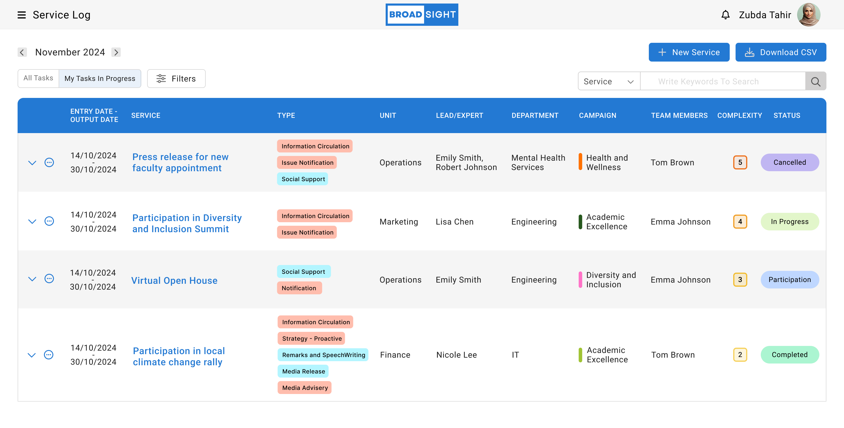 Redesigned Broadsight service log with clear hierarchy, restrained colors, and scannable status