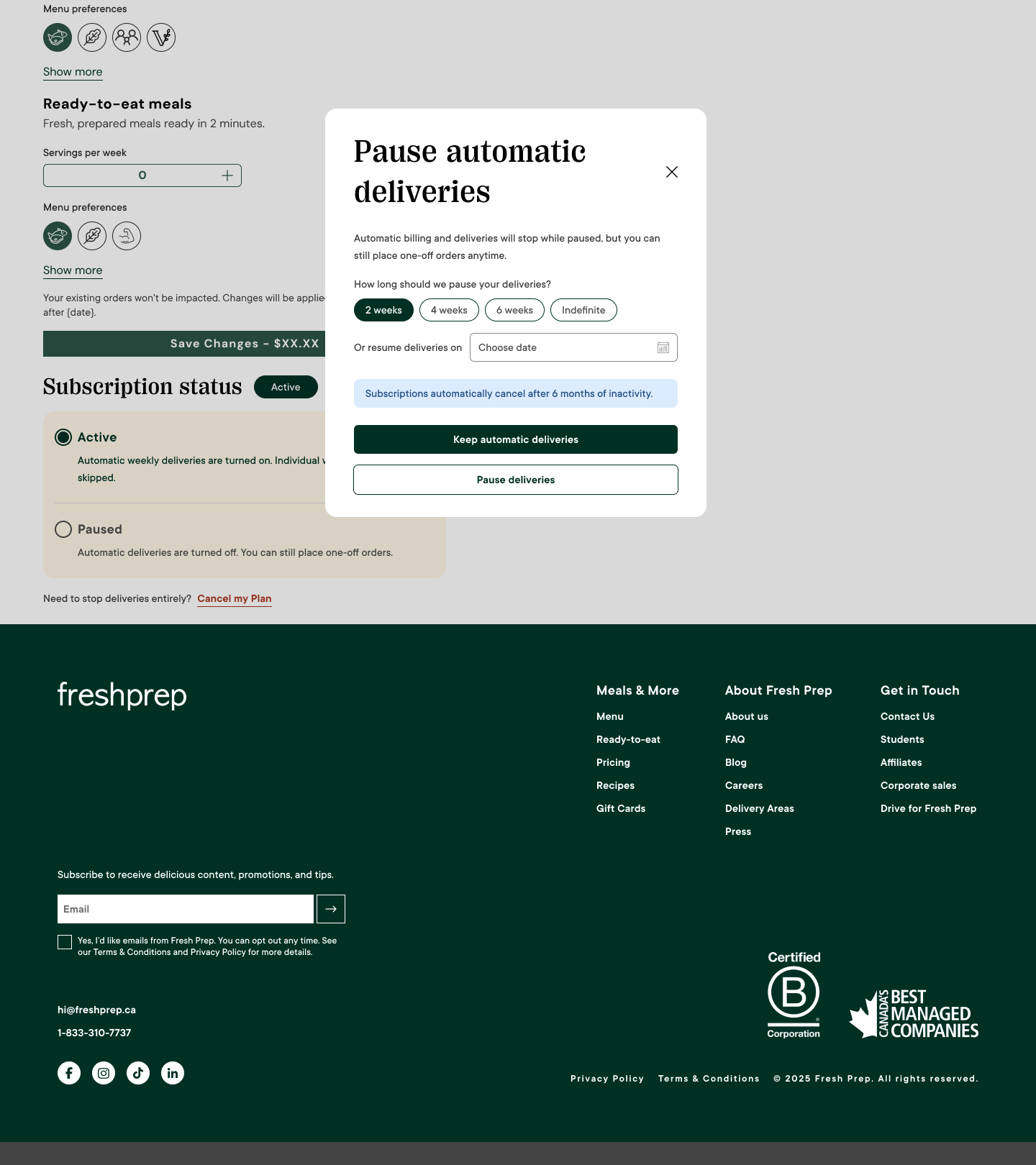 Fresh Prep subscription settings and account status controls