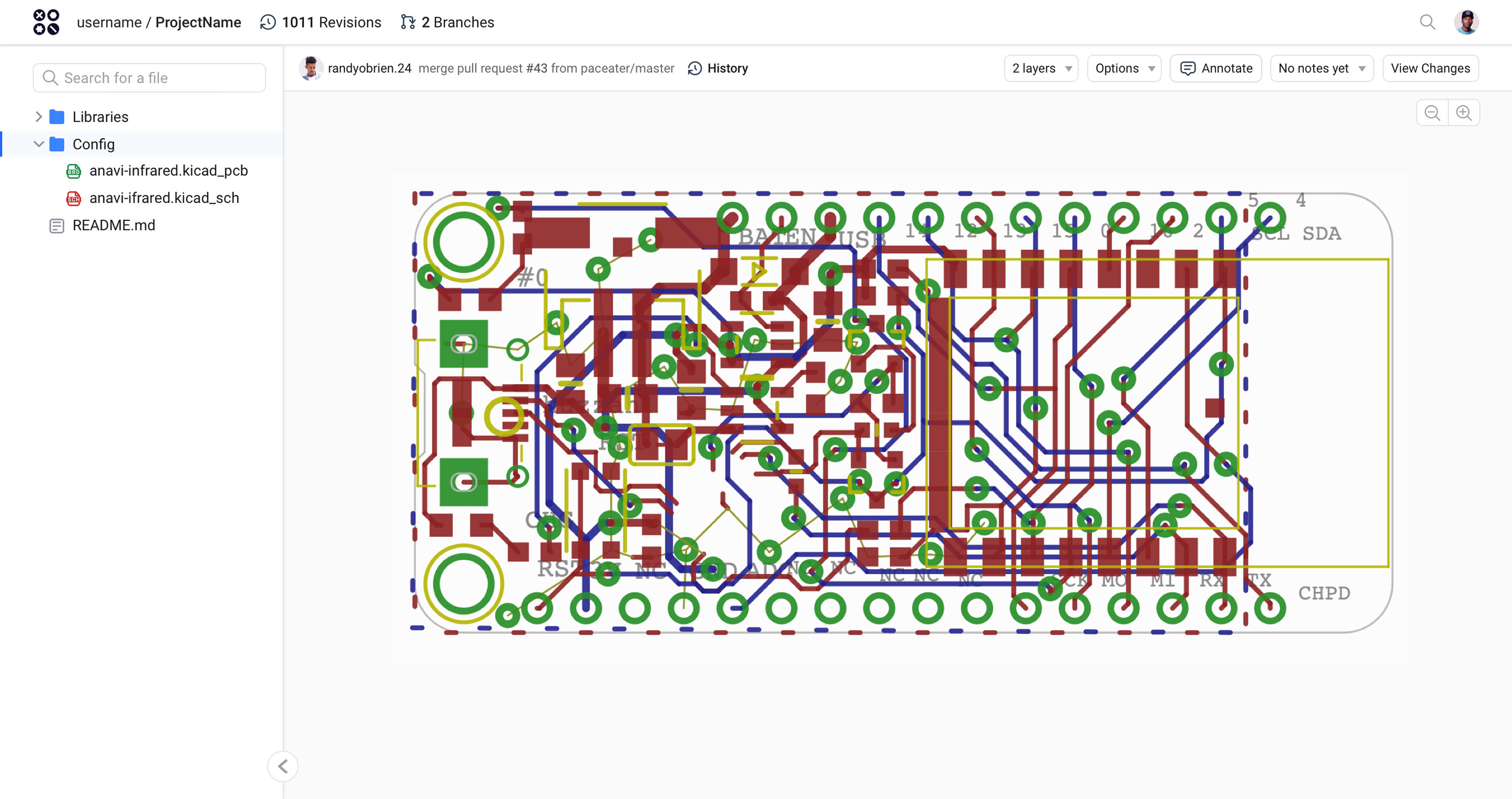 Additional InventHub file-browser version showing search, file tree, revision history, layer controls, and board inspection