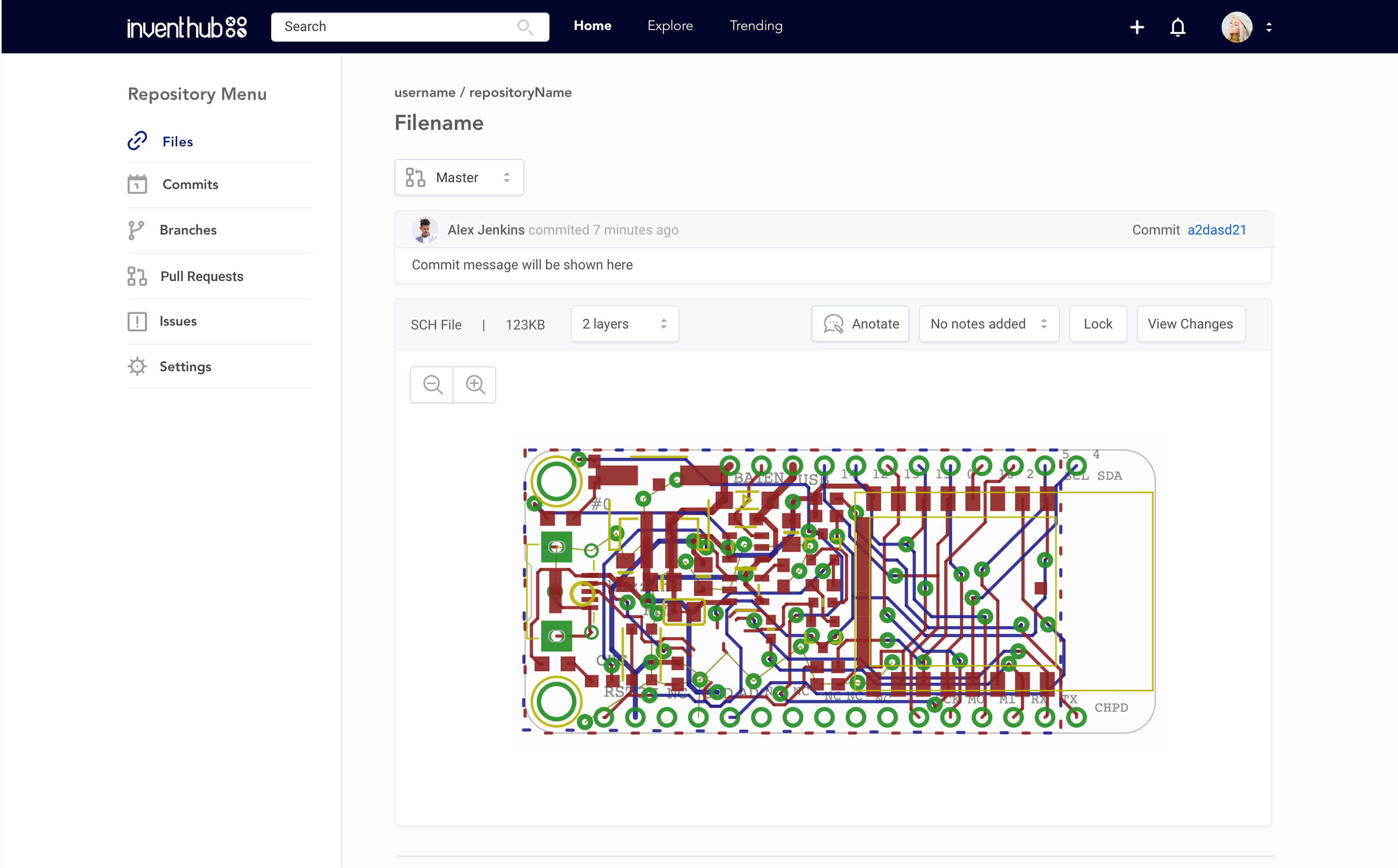 Earlier InventHub file view with broad repository navigation and a smaller circuit-board viewing area