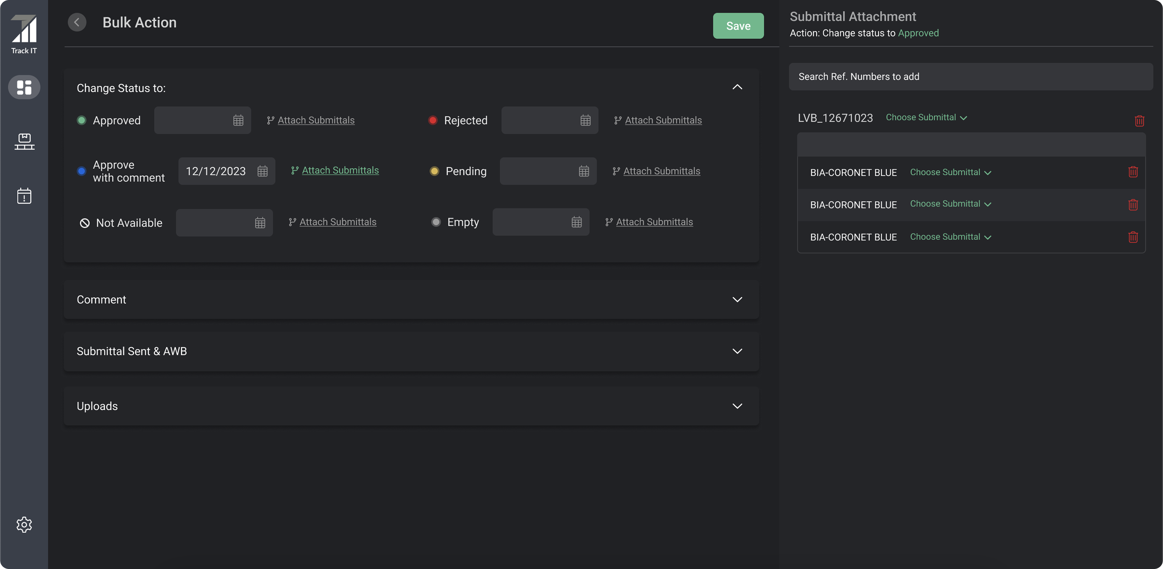 TrackIT bulk action workspace for statuses, dates, comments, uploads, and submittals