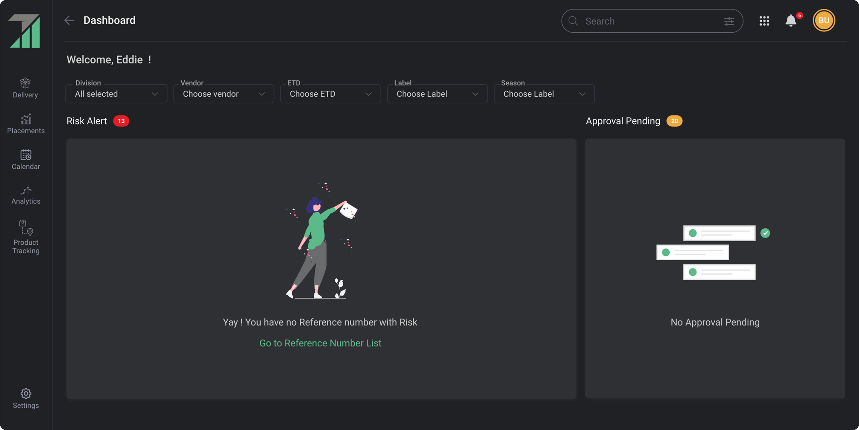 TrackIT dashboard empty states for risk alerts and approvals