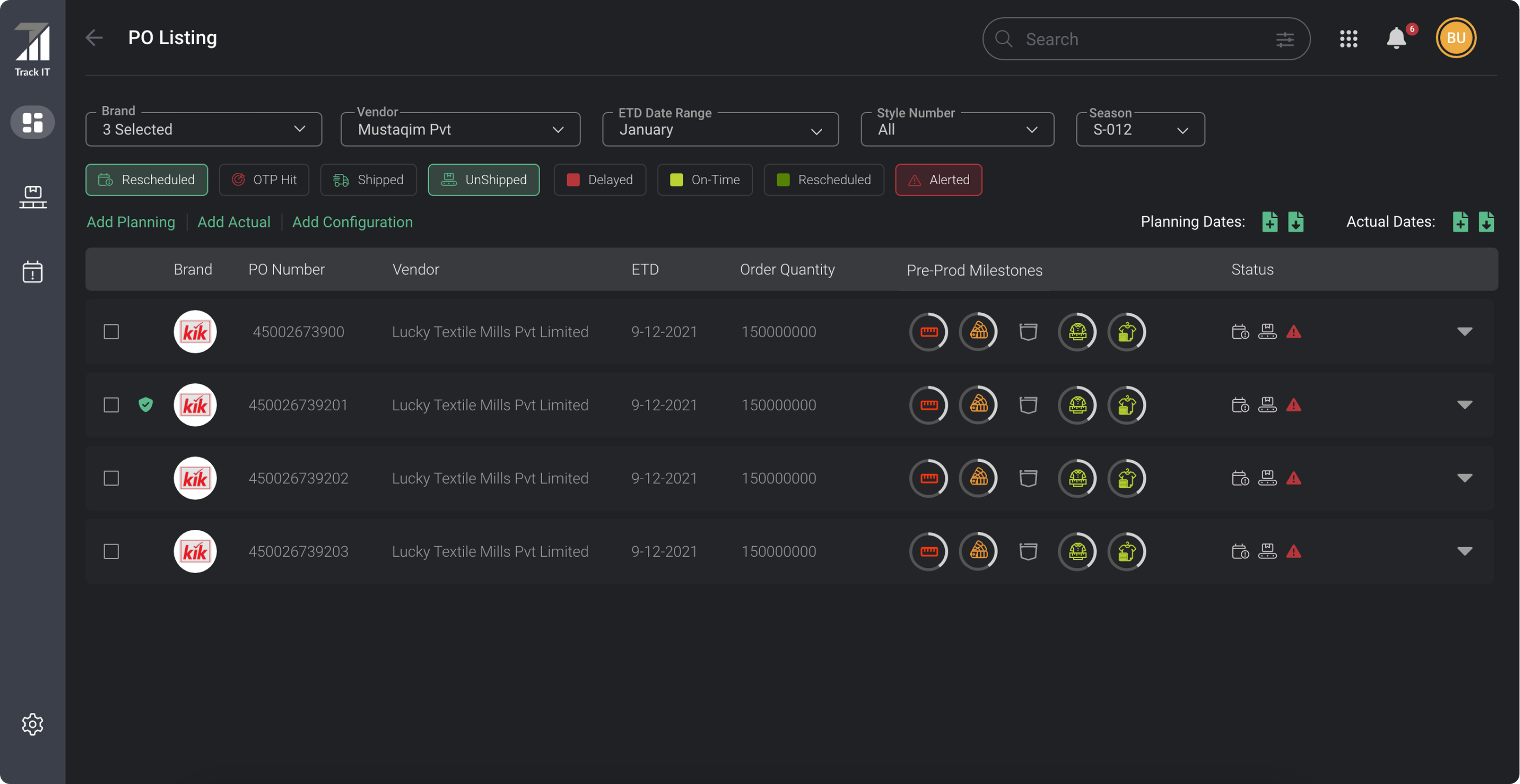 TrackIT purchase-order listing with filters, status categories, and milestone indicators