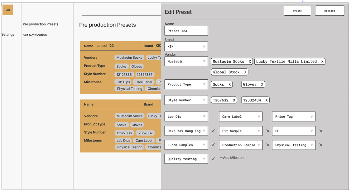 Wireframe for reusable pre-production milestone presets
